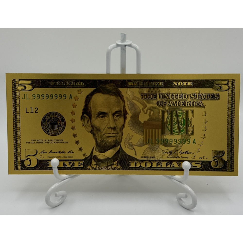 $5 Five Dollar Lincoln Bill Gold Banknote Novelty Collectable 24K Plated